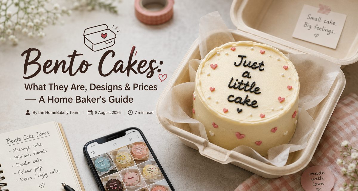 Bento cake in a lunchbox with 'Just a little cake' piped on top — a home baker's guide to bento cake designs and prices