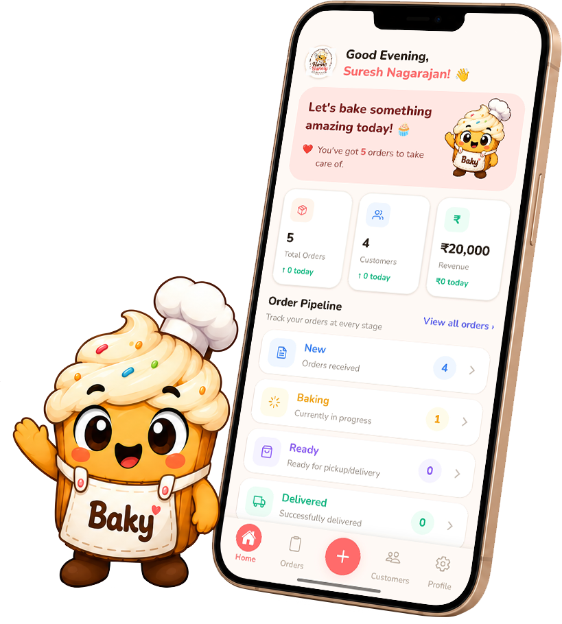 Baky the mascot beside a phone showing the HomeBakely dashboard