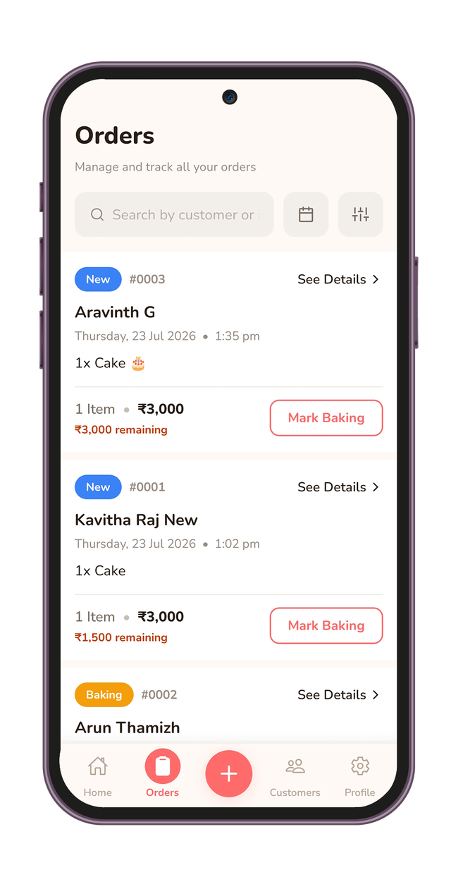 HomeBakely Orders screen